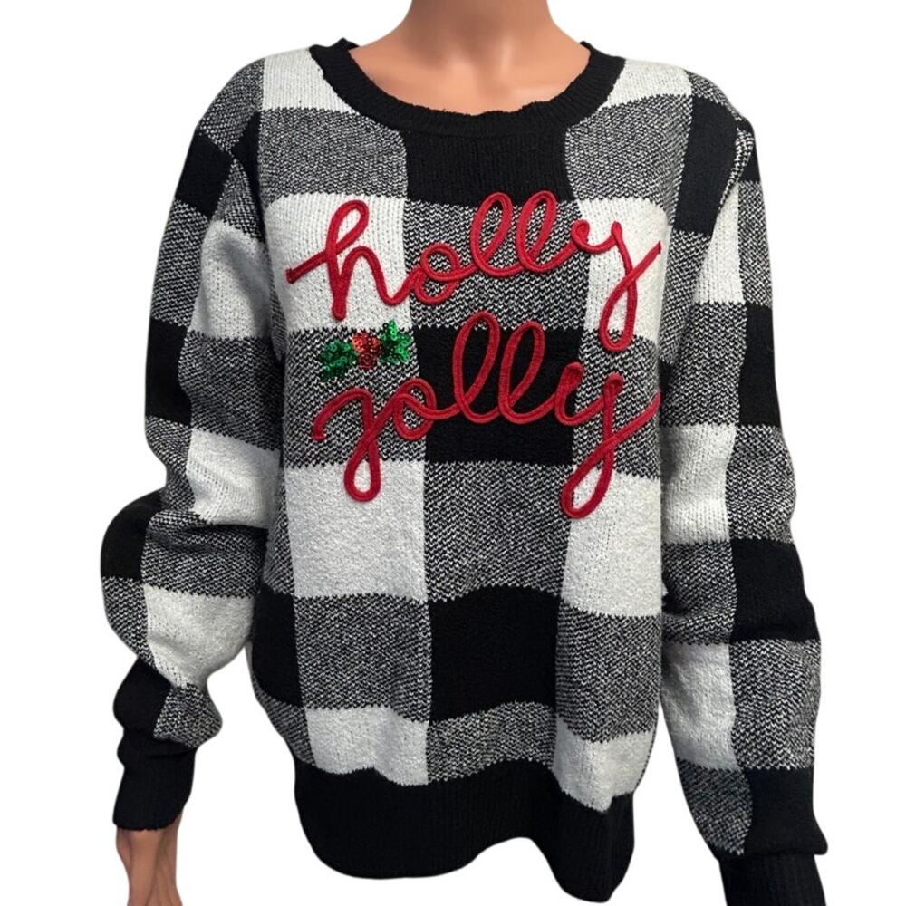 Holly Jolly women's  xl 16-18 Christmas sweater buffalo check sequin holly berry